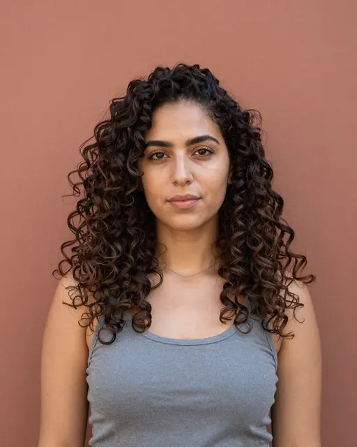 Portrait of a woman in her twenties with curly dark hair standing against a plain terracotta wall