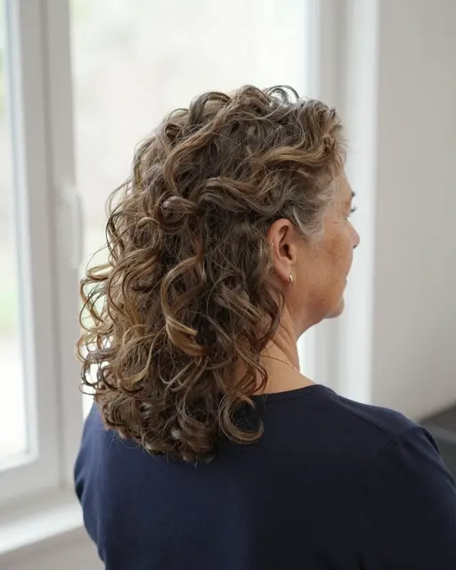 Back profile view of a woman in her fifties showing a loose curly half-up hairstyle near a bright window