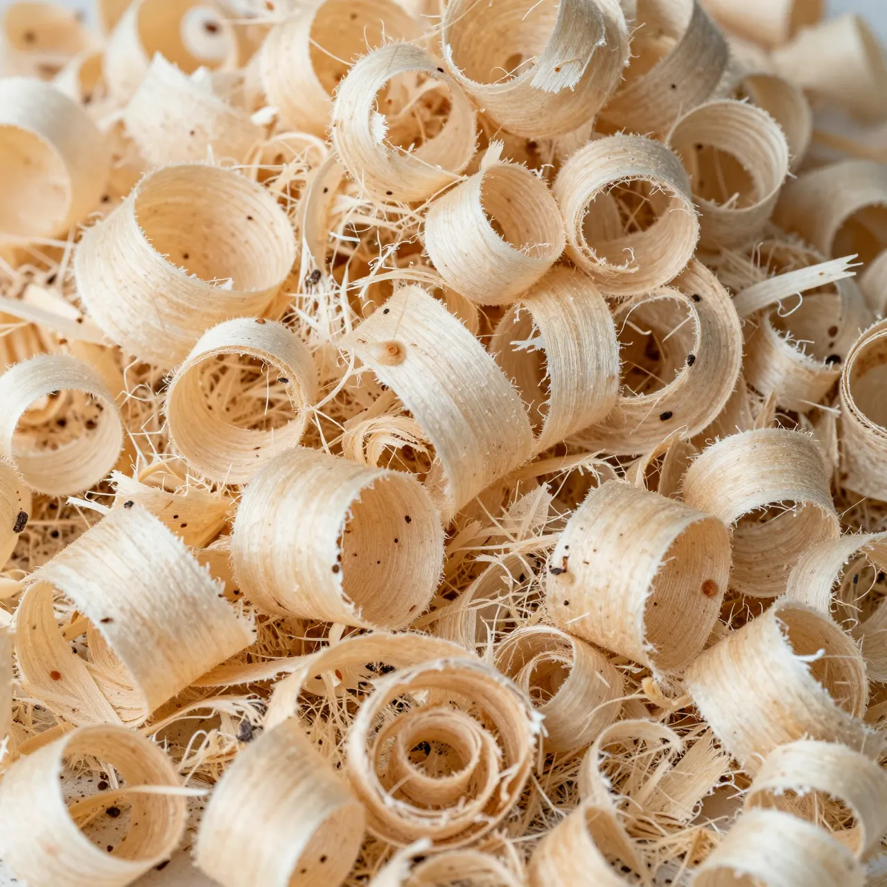 Close-up of tightly curled pale wood shavings piled densely, lit with soft side light