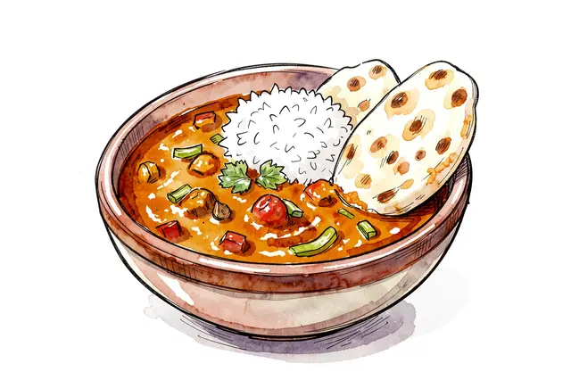 Loose watercolor and ink sketch of a bowl of curry topped with rice, herbs, and naan flatbread against a plain white