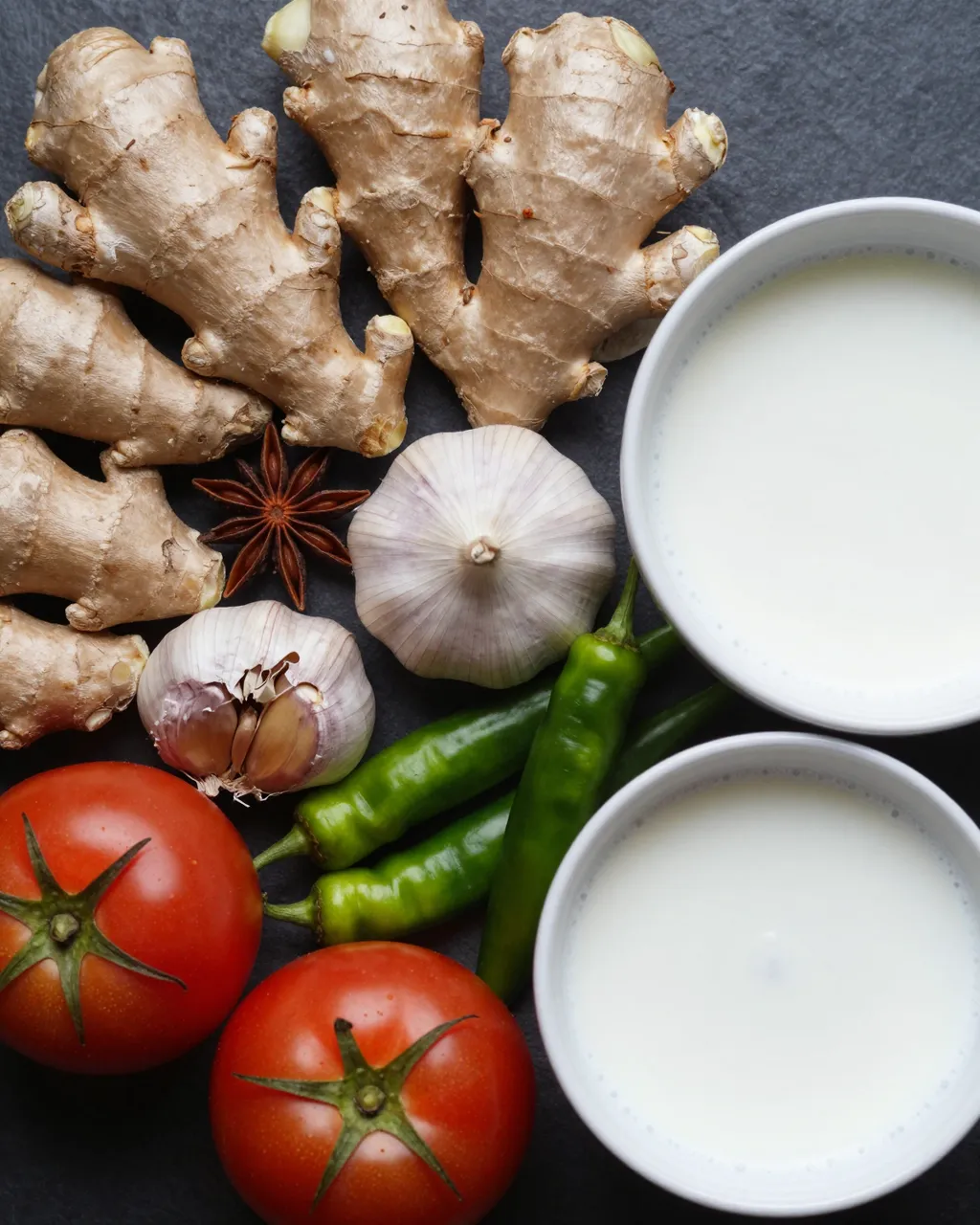 Top down flat lay of fresh curry ingredients arranged on a dark slate surface