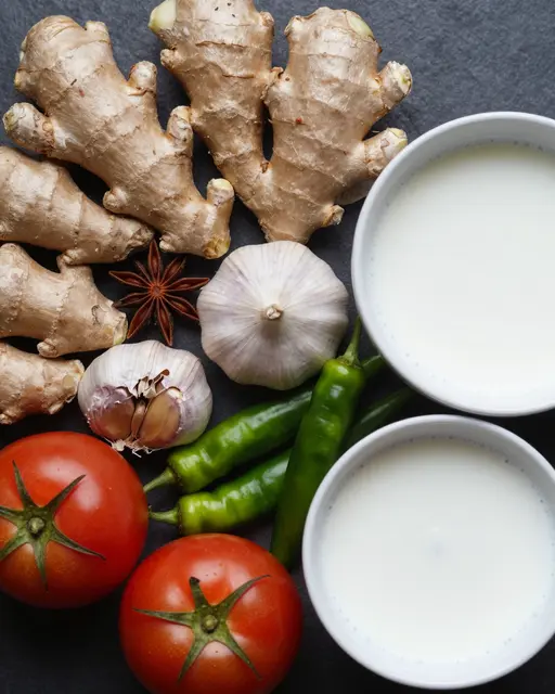 Top down flat lay of fresh curry ingredients arranged on a dark slate surface