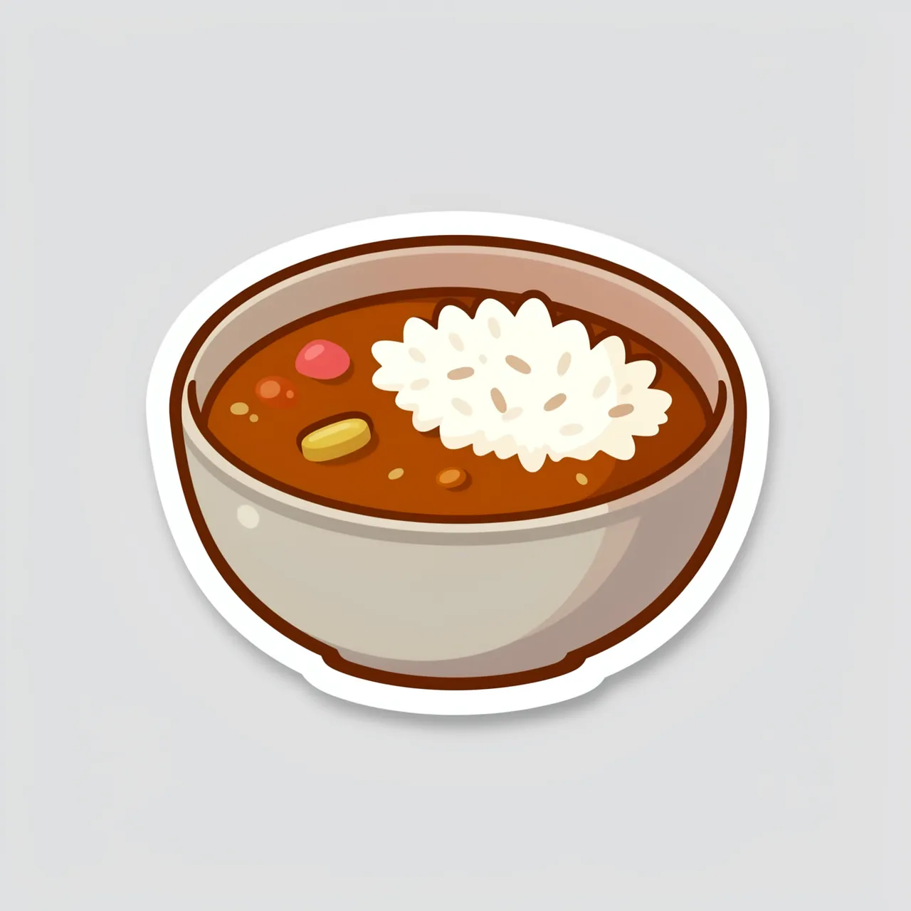 Die-cut sticker illustration of a bowl of curry with rice on a plain light gray background