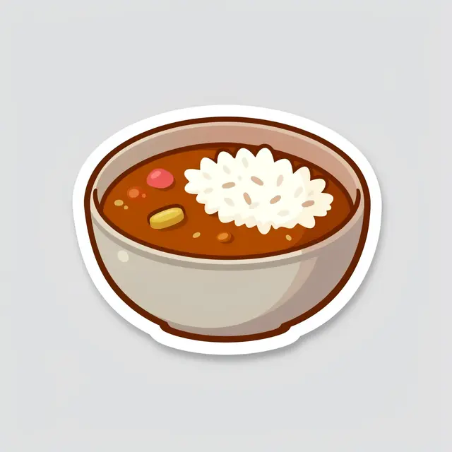 Die-cut sticker illustration of a bowl of curry with rice on a plain light gray background