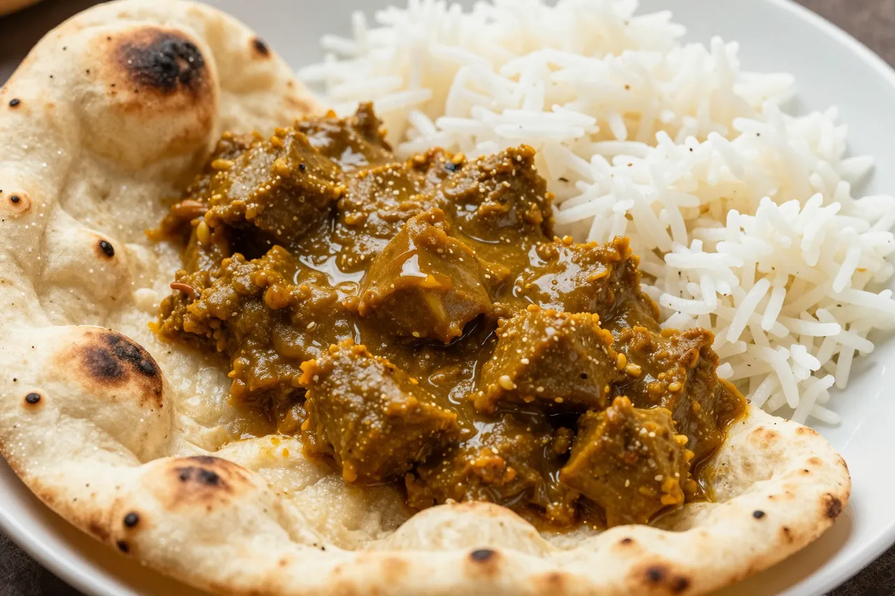 A close-up view of a plate of savory curry, grilled naan bread, and fluffy white basmati rice.