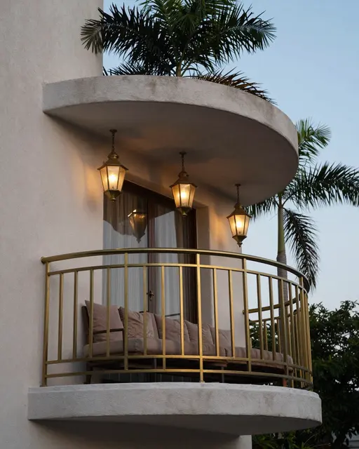 A curved Art Deco balcony with brass railing, lit lanterns, cushioned seating and palm trees at soft dusk.