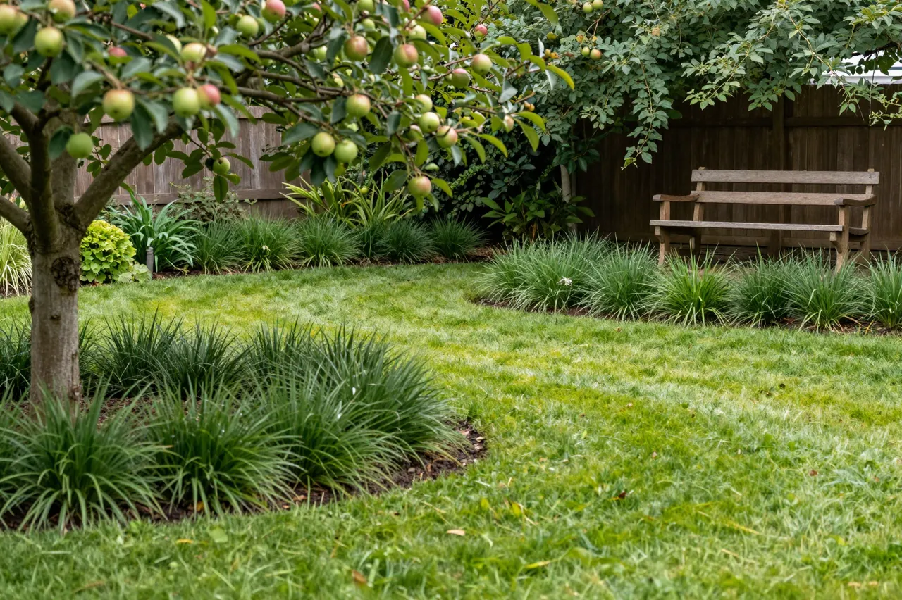 A tidy backyard with a curved lawn, fruiting apple tree, perennial borders and a wooden bench against a fence