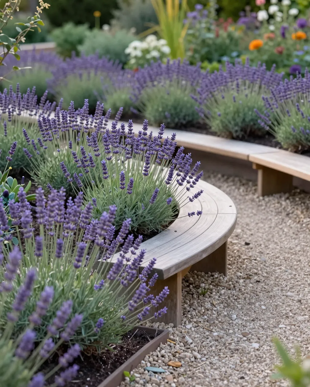 Soft evening light falls over a sensory garden with lavender beds, curved wooden benches and a gravel path