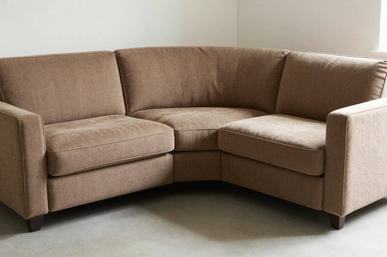 A neutral brown fabric curved corner sofa sits on a light floor against plain off-white walls.