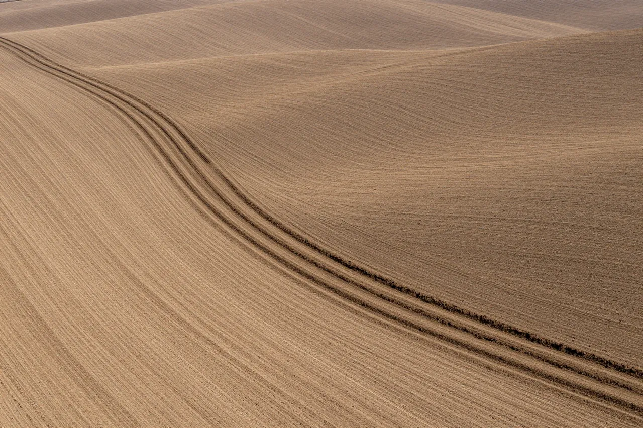 Aerial view of smooth curved contour plowing lines across rolling brown farm hills in early spring