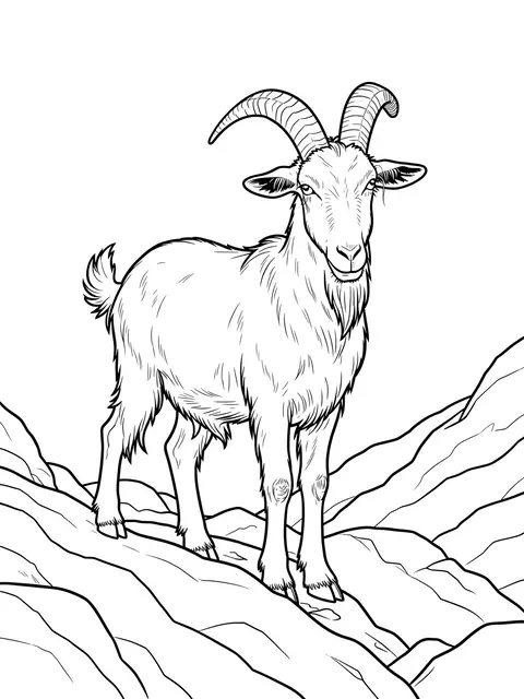 Black and white line art of a horned goat standing on rocky hillside terrain