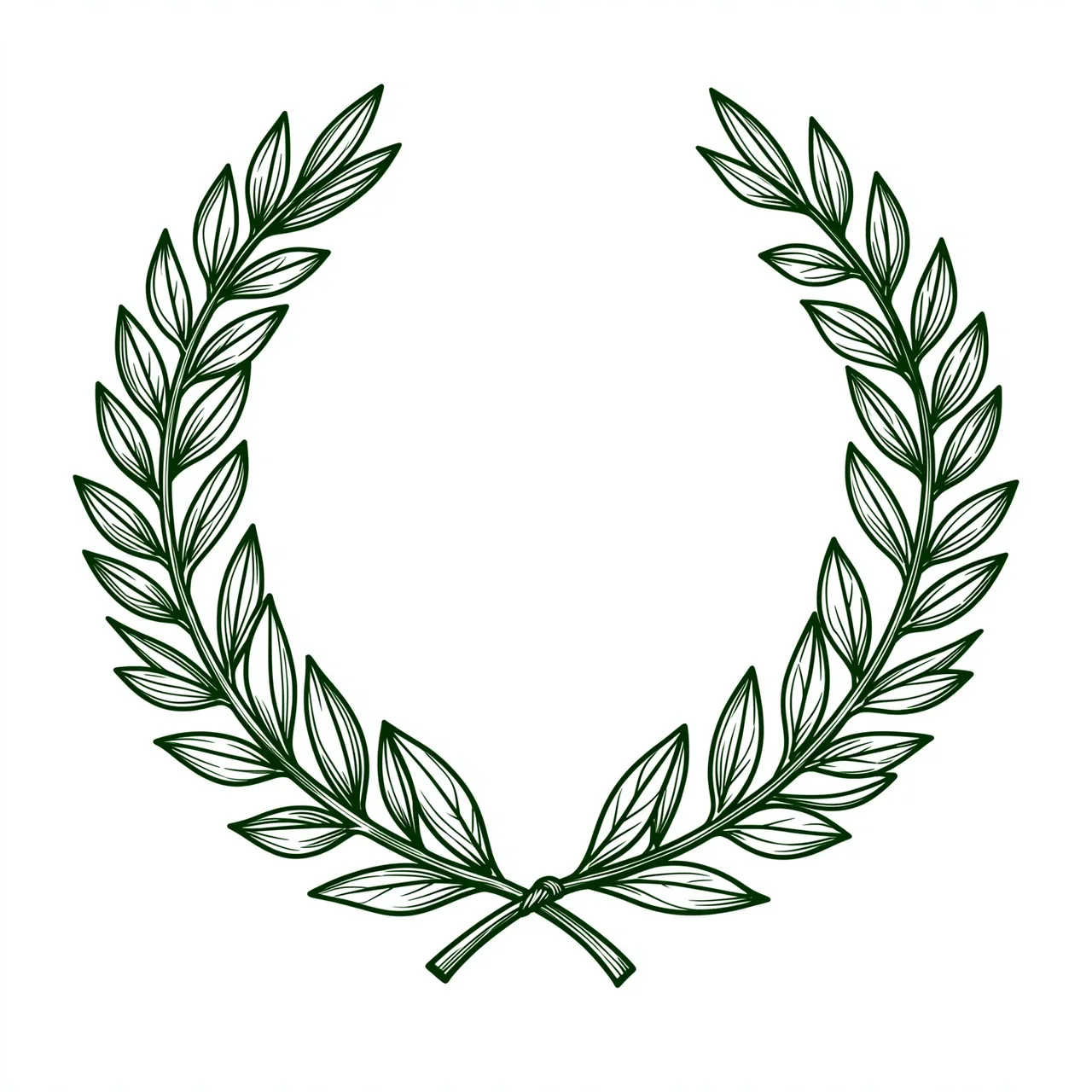 Dark green ink line art of two curved laurel branches joined at the bottom on a plain white background