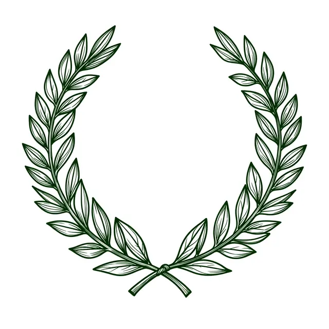Dark green ink line art of two curved laurel branches joined at the bottom on a plain white background