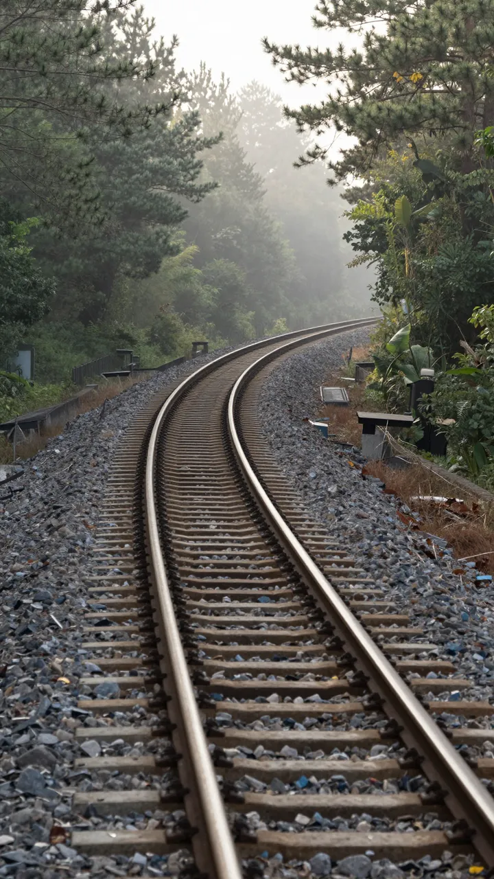 A curving empty railway track stretches into foggy pine forest at early morning.