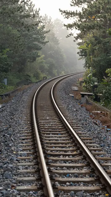 A curving empty railway track stretches into foggy pine forest at early morning.