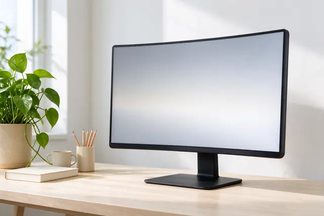 Blank wide curved monitor sits on a light birch desk beside a pothos plant in bright daylight