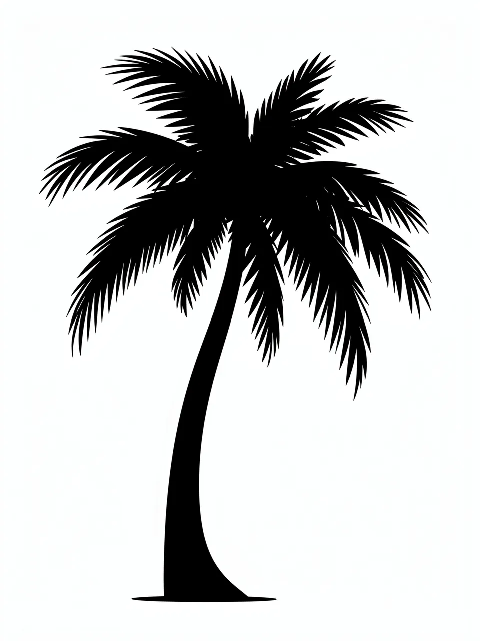 Solid black curved-trunk palm tree silhouette on a plain white background