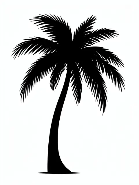 Solid black curved-trunk palm tree silhouette on a plain white background