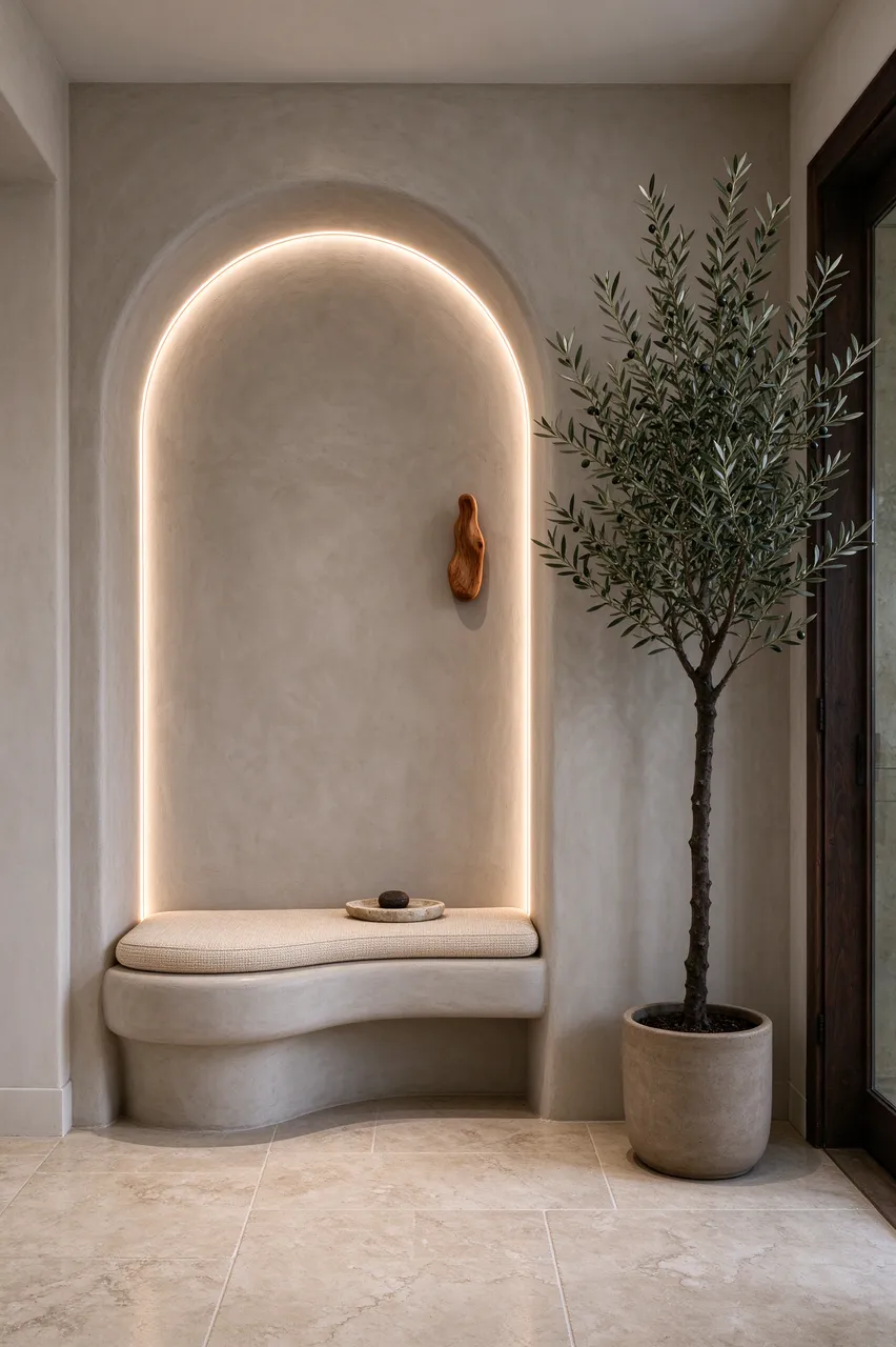 Illuminated arched plaster entry niche with built-in bench, wooden hook and potted olive tree in a hallway