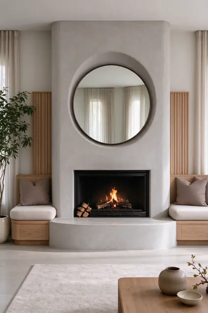 Modern living room with a curved plaster fireplace, built-in benches, round mirror, and burning fire