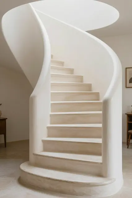 Smooth curved plaster spiral staircase in a minimal neutral mediterranean interior home
