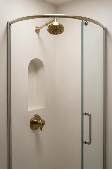 Walk-in shower with arched niche, aged brass fixtures and curved glass enclosure in a neutral bathroom