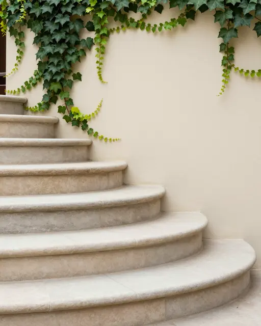 Smooth curved light stone steps sit against a cream wall with trailing green ivy and empty copy space.