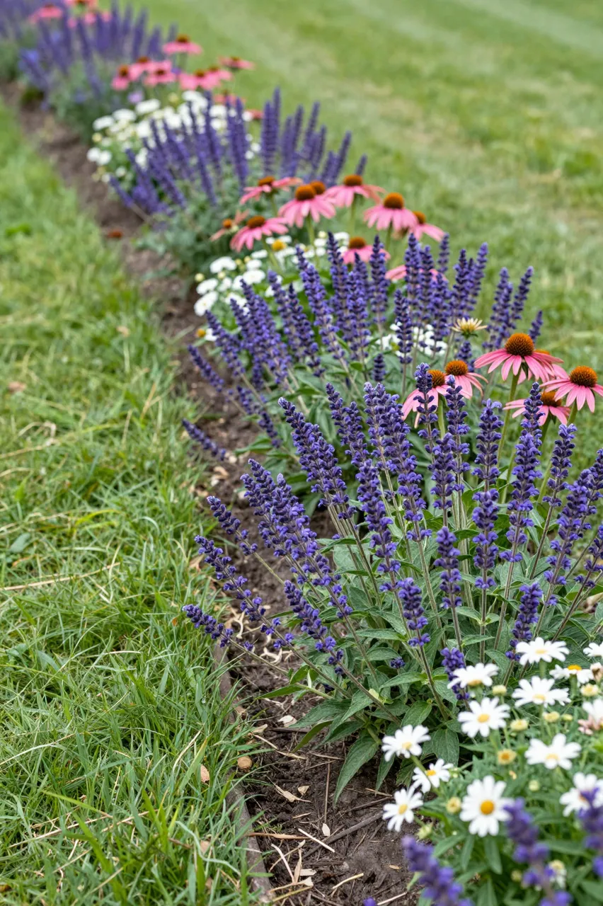Curved garden flower bed with purple salvia, pink coneflowers and white blooms along mown lawn edge