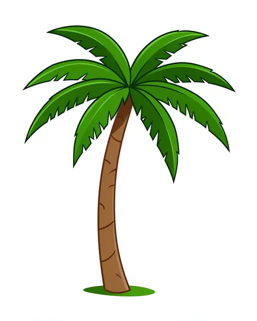 Flat cartoon illustration of a palm tree with a curved brown trunk and green fronds on a plain white background
