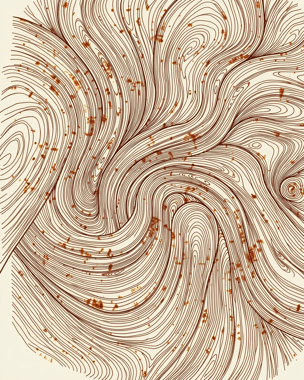 Generative line art of swirling wood grain curves with rust speckles on an off-white base