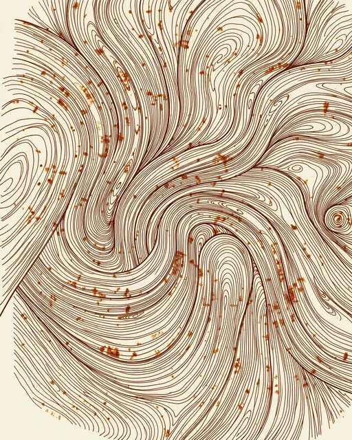 Generative line art of swirling wood grain curves with rust speckles on an off-white base