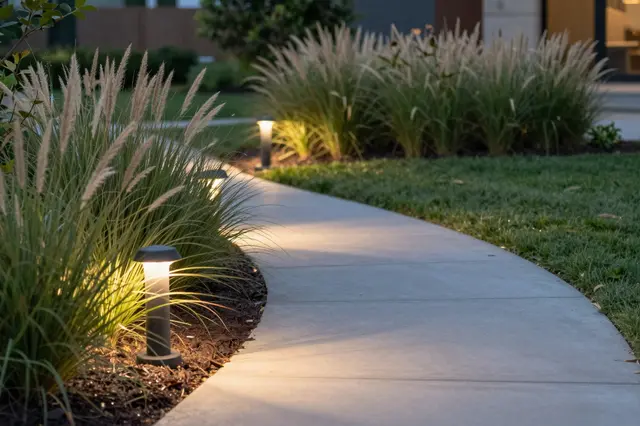 Lit low path lights line a curved concrete walkway bordered by ornamental grasses at evening dusk