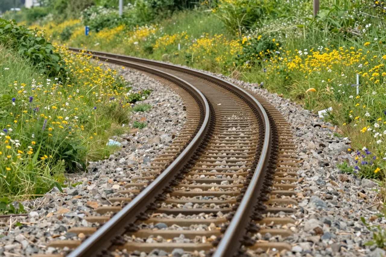 Curved railway track runs through summer meadows dotted with yellow and purple wildflowers