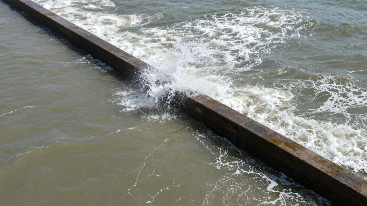Aerial view of a concrete breakwater with white surf crashing over it during high tide
