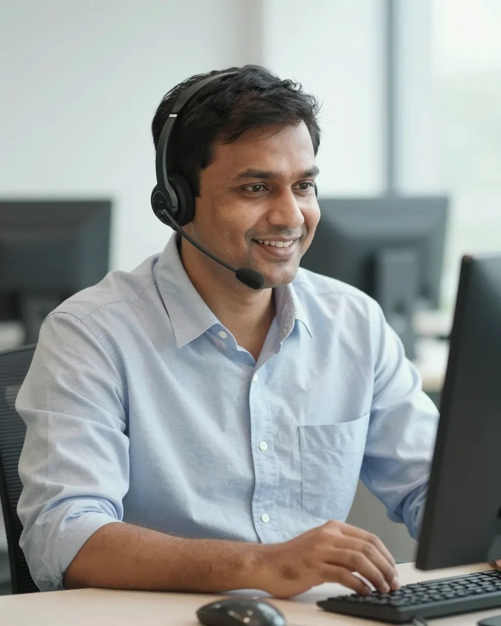 Smiling South Asian support agent in a headset types at a desk in a bright office