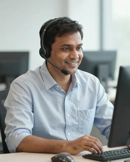 Smiling South Asian support agent in a headset types at a desk in a bright office