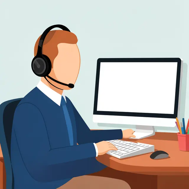 Faceless support agent with a headset works at a desk with a blank computer screen