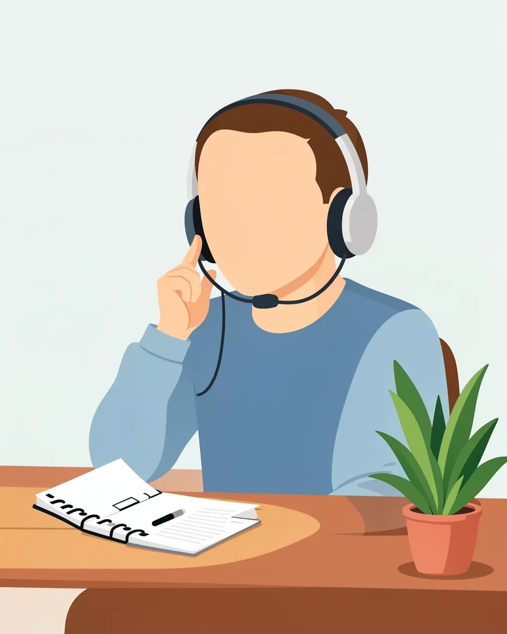 Faceless worker with a headset sits at a wooden desk with a notepad, pen, and small potted plant