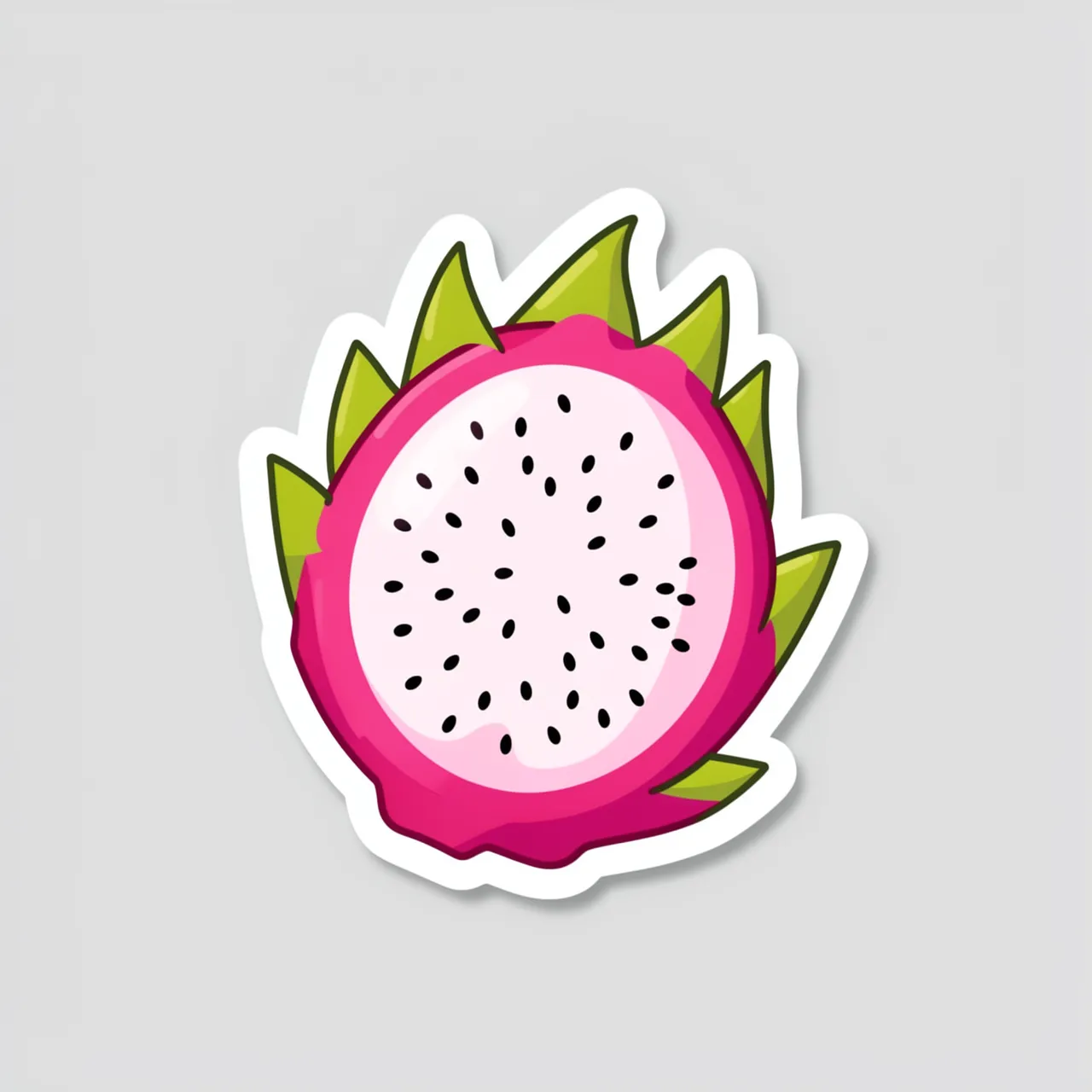 Die-cut sticker of a sliced open dragon fruit with a thick white border on a light gray background