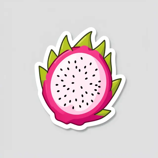 Die-cut sticker of a sliced open dragon fruit with a thick white border on a light gray background