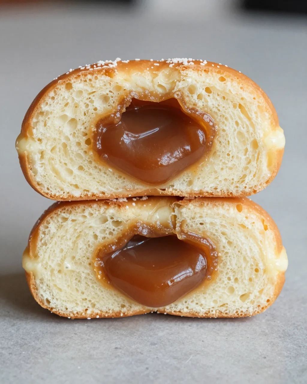 Two stacked halves of a filled donut show glossy caramel filling against a neutral gray countertop