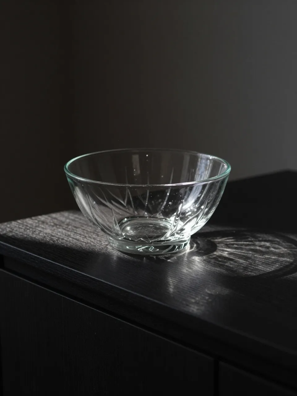 An empty cut-glass bowl catches a single shaft of light on a dark wooden sideboard