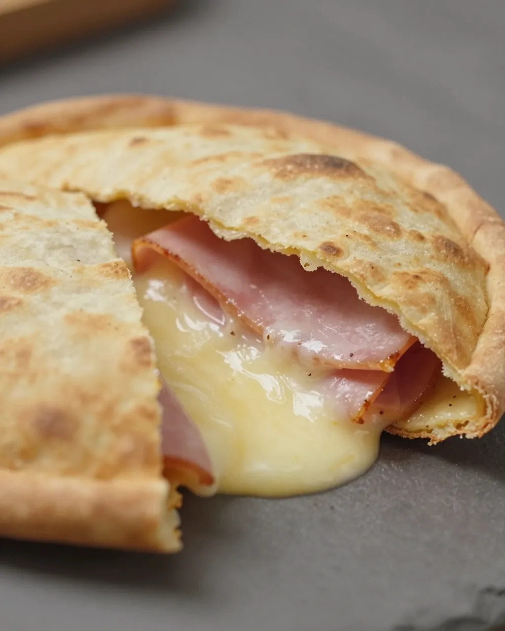 A close-up of a cut calzone oozing melted cheese and ham onto a gray plate.