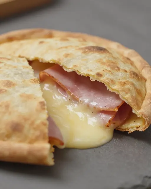 A close-up of a cut calzone oozing melted cheese and ham onto a gray plate.