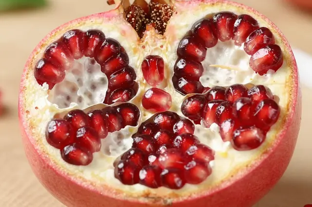 Close up of a halved pomegranate displaying glossy deep red arils against pale rind, set on a neutral blurred surface