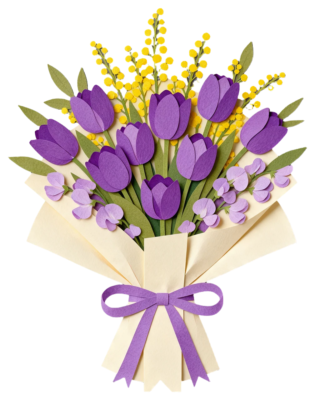 Cut-paper collage illustration of a bouquet of tulips, mimosa and sweet peas wrapped in cream paper
