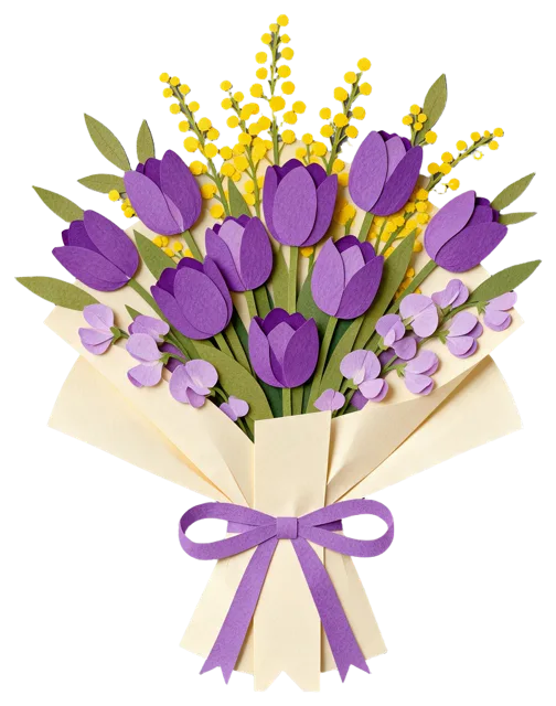 Cut-paper collage illustration of a bouquet of tulips, mimosa and sweet peas wrapped in cream paper