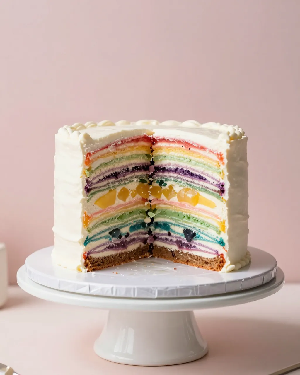 A sliced tall rainbow layer birthday cake sits on a white cake stand against a soft pink wall