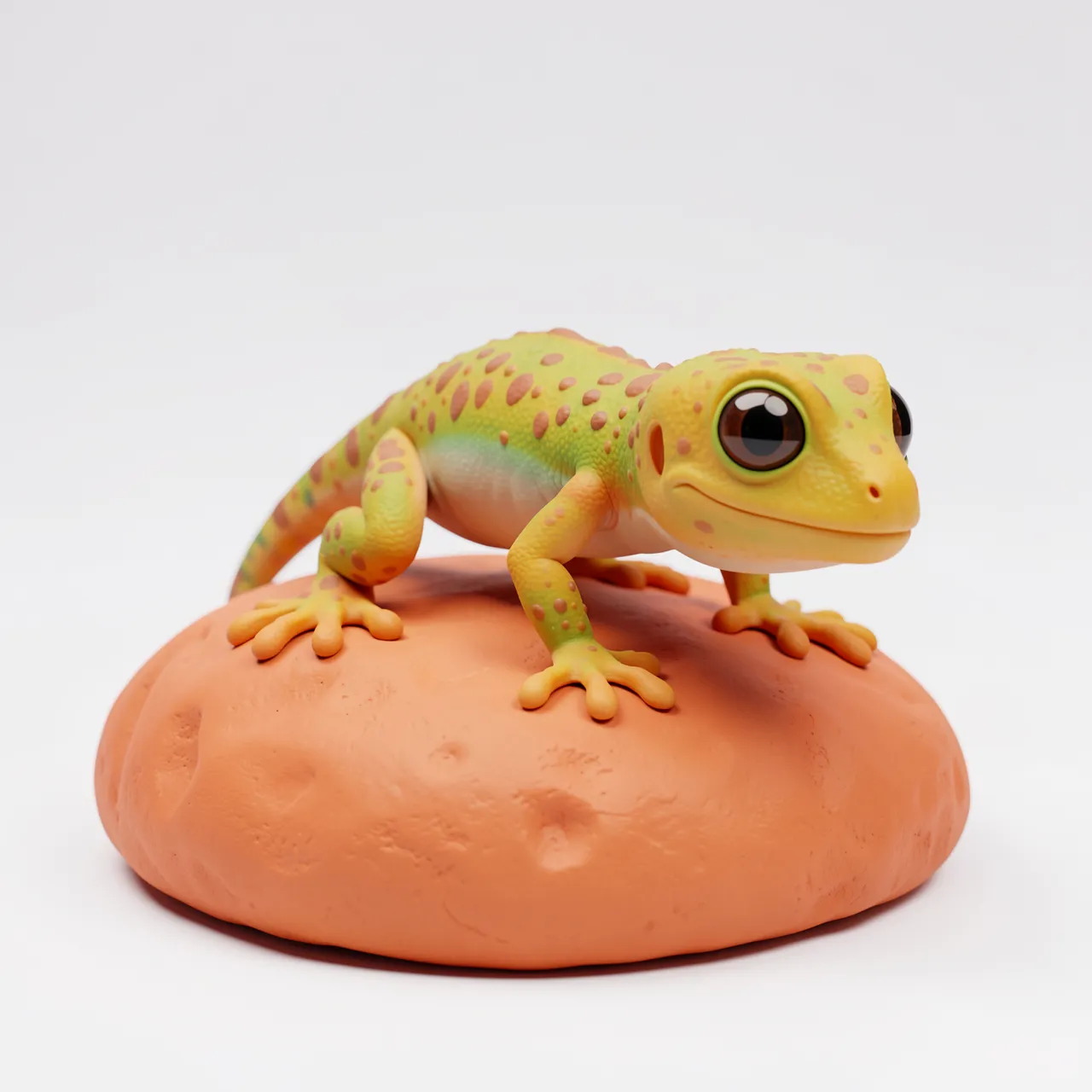 Charming stylized 3D gecko in a push-up pose perched on a smooth warm terracotta rock