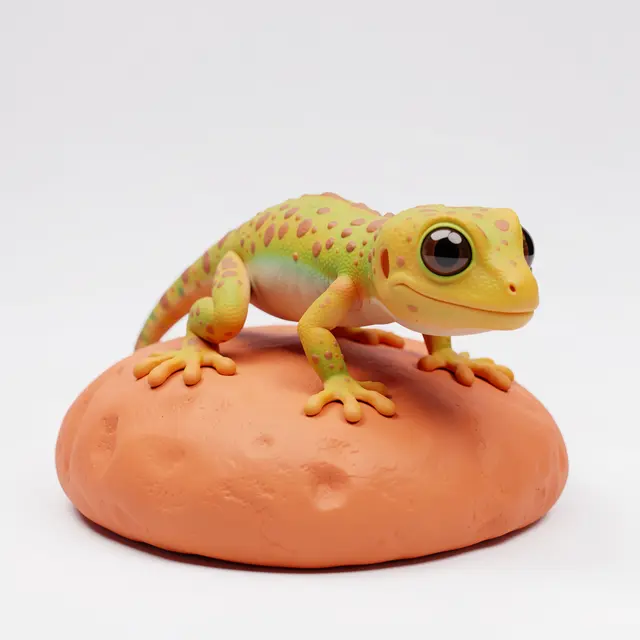 Charming stylized 3D gecko in a push-up pose perched on a smooth warm terracotta rock